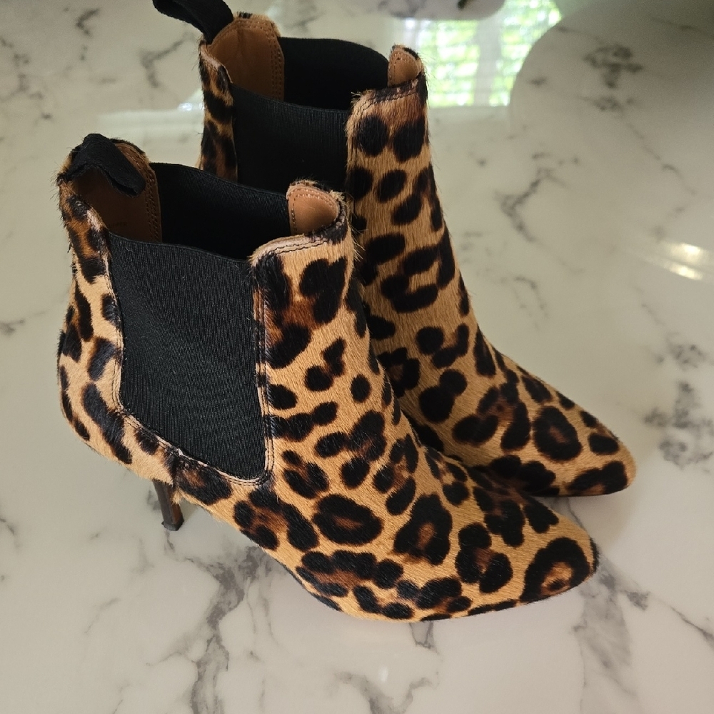 Polo Ralph Lauren Leopard Calf Hair Chelsea Booties Pashia Almond Toe Ankle Boot - Picture 2 of 7